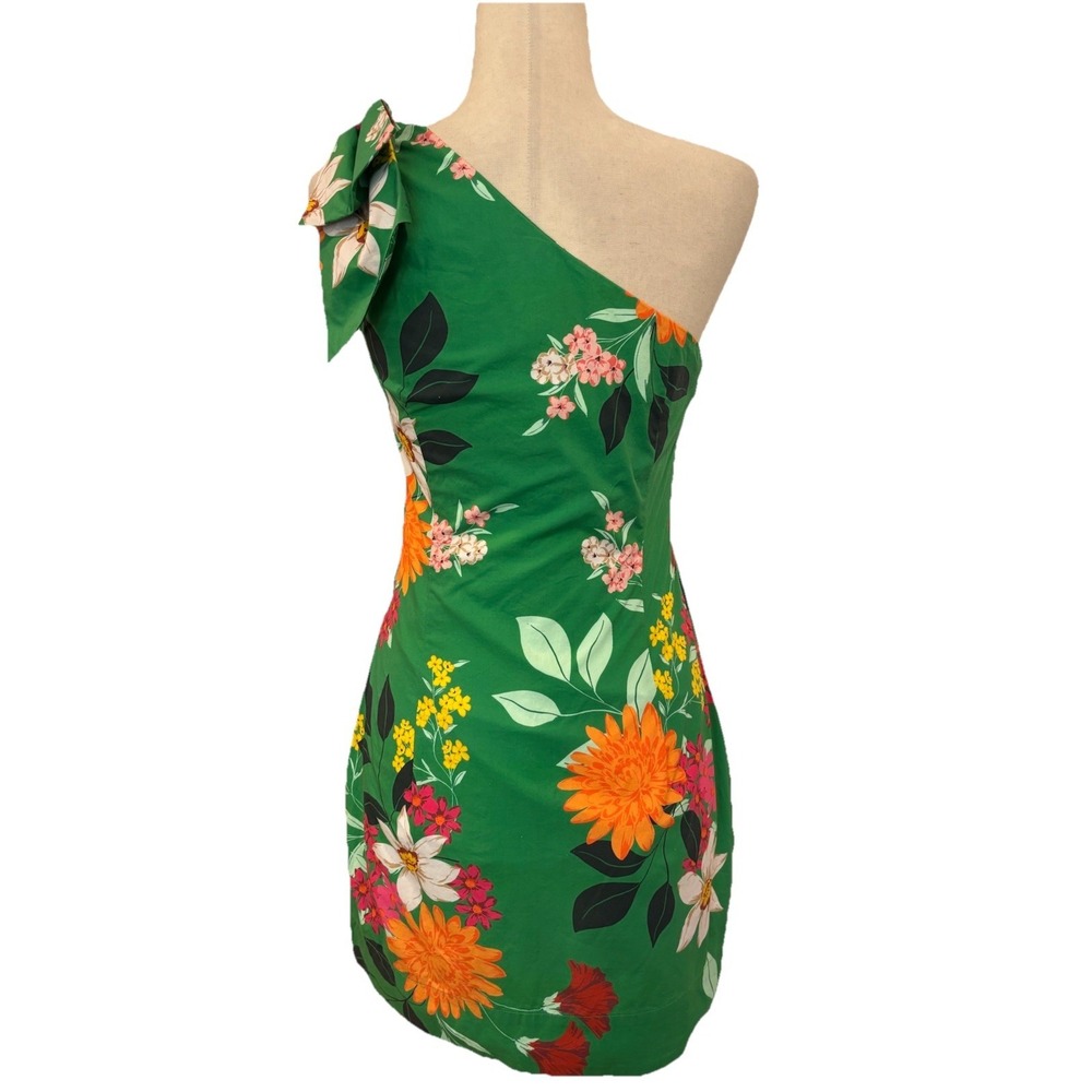 Cara Cara Edie One Shoulder Bow Mini Dress Punch Floral Green Sz Small - Picture 4 of 8